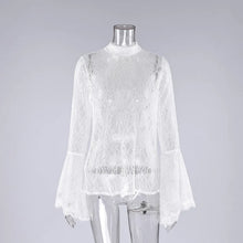 Elegant White Lace Blouse Women High Neck Flare Sleeve Top Sexy Sheer Mesh Shirt Hollow Out Victorian Partywear Tops Tee