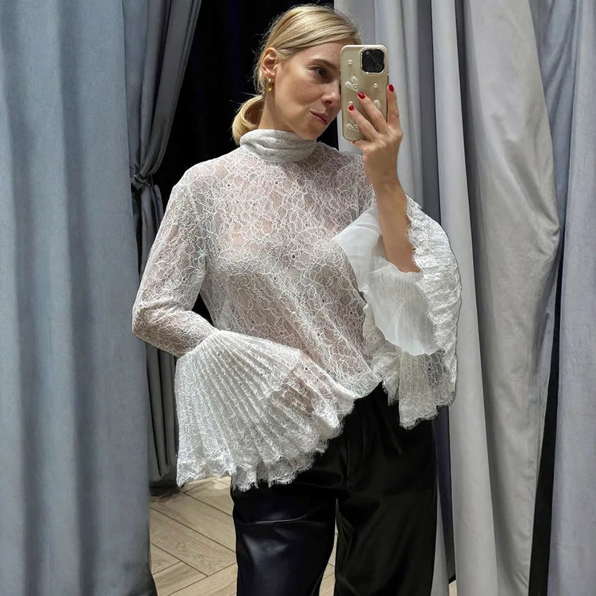 Women's Autumn Street Chic Sheer Stand Collar Lace-up Shirt Elegant White Embroidery Blouse Female Sexy Flare Sleeve Ladies Tops