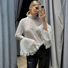 Women's Autumn Street Chic Sheer Stand Collar Lace-up Shirt Elegant White Embroidery Blouse Female Sexy Flare Sleeve Ladies Tops