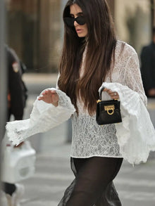 Women Chic Lace Flared Long Sleeves Shirt Elegant Half-high Collar See Through Lace-up Top 2026 Lady Spring Commute Street Tops