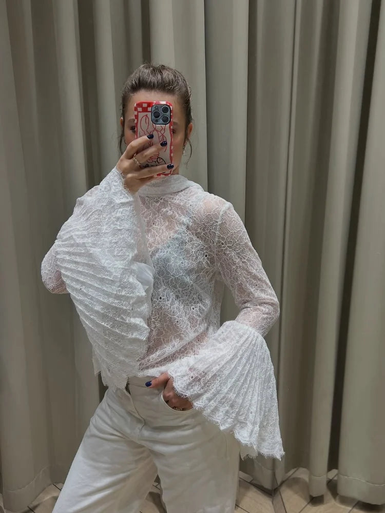 Women Chic Lace Flared Long Sleeves Shirt Elegant Half-high Collar See Through Lace-up Top 2026 Lady Spring Commute Street Tops