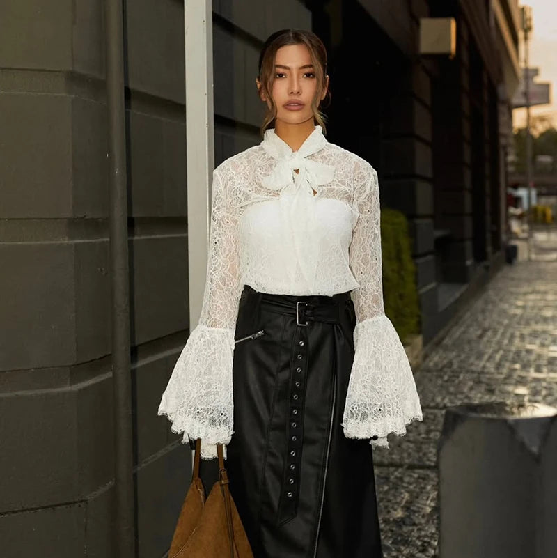 Elegant White Lace Blouse Women High Neck Flare Sleeve Top Sexy Sheer Mesh Shirt Hollow Out Victorian Partywear Tops Tee