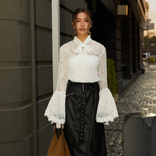 Elegant White Lace Blouse Women High Neck Flare Sleeve Top Sexy Sheer Mesh Shirt Hollow Out Victorian Partywear Tops Tee